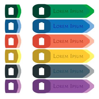 Battery empty, Low electricity icon sign. Set of colorful, bright long buttons with additional small modules. Flat design. 