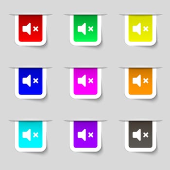 Mute speaker , Sound icon sign. Set of multicolored modern labels for your design. illustration