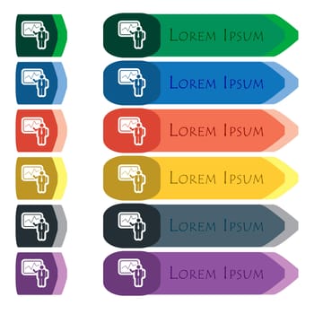 businessman making report icon sign. Set of colorful, bright long buttons with additional small modules. Flat design. 