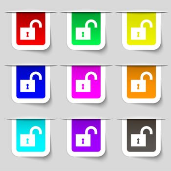 open lock icon sign. Set of multicolored modern labels for your design. illustration
