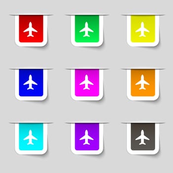 Airplane, Plane, Travel, Flight icon sign. Set of multicolored modern labels for your design. illustration