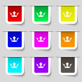 Crown icon sign. Set of multicolored modern labels for your design. illustration