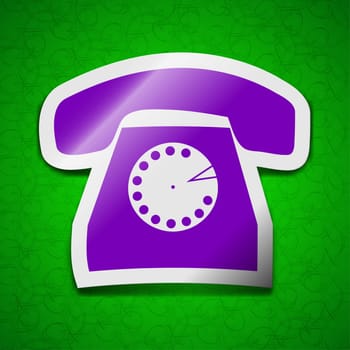 Retro telephone icon sign. Symbol chic colored sticky label on green background. illustration