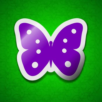 Butterfly icon sign. Symbol chic colored sticky label on green background. illustration