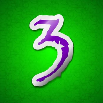 number three icon sign. Symbol chic colored sticky label on green background. illustration