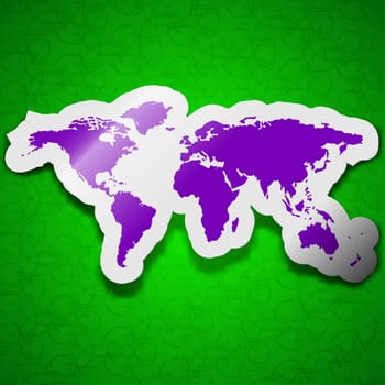 World map icon sign. Symbol chic colored sticky label on green background. illustration