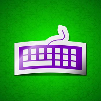 Computer keyboard icon sign. Symbol chic colored sticky label on green background. illustration