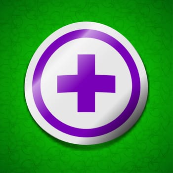 Plus icon sign. Symbol chic colored sticky label on green background. illustration