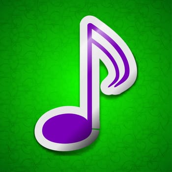 Music note icon sign. Symbol chic colored sticky label on green background. illustration