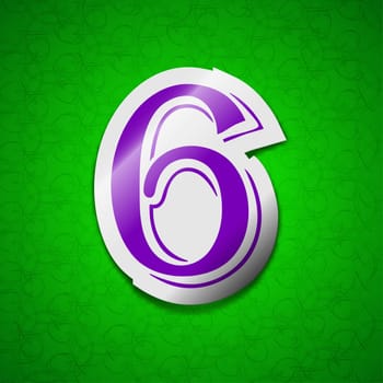 number six icon sign. Symbol chic colored sticky label on green background. illustration