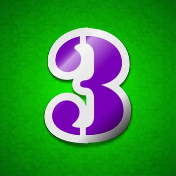 number three icon sign. Symbol chic colored sticky label on green background. illustration