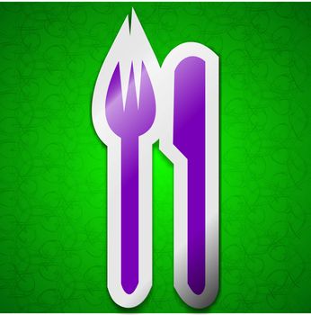 Cutlery icon sign. Symbol chic colored sticky label on green background. illustration