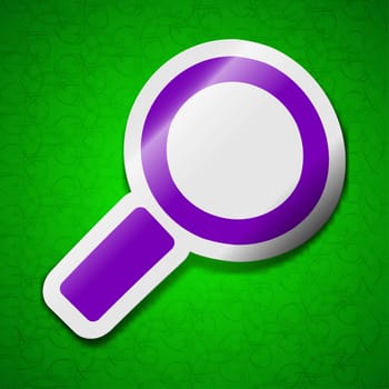 Magnifier glass icon sign. Symbol chic colored sticky label on green background. illustration