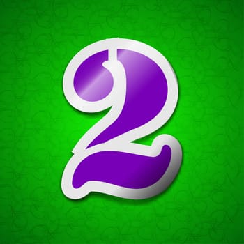 number two icon sign. Symbol chic colored sticky label on green background. illustration