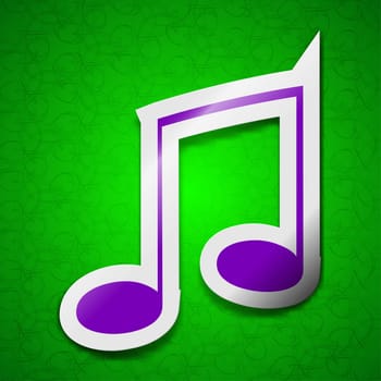 Music note icon sign. Symbol chic colored sticky label on green background. illustration