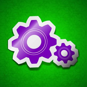 Cog settings icon sign. Symbol chic colored sticky label on green background. illustration