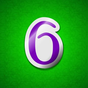 number six icon sign. Symbol chic colored sticky label on green background. illustration