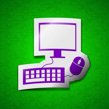 Computer monitor and keyboard icon sign. Symbol chic colored sticky label on green background. illustration