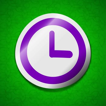 Alarm clock icon sign. Symbol chic colored sticky label on green background. illustration