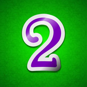 number two icon sign. Symbol chic colored sticky label on green background. illustration