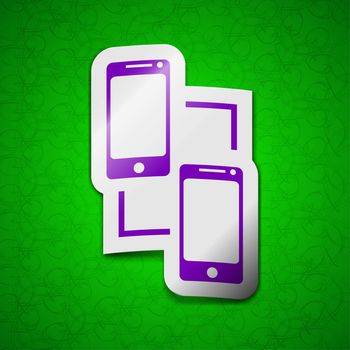 Synchronization icon sign. Symbol chic colored sticky label on green background. illustration