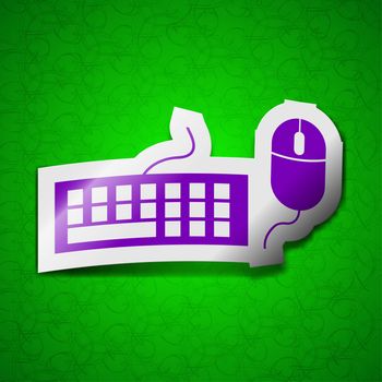 Computer keyboard and mouse icon sign. Symbol chic colored sticky label on green background. illustration