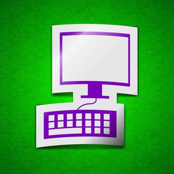 Computer monitor and keyboard icon sign. Symbol chic colored sticky label on green background. illustration