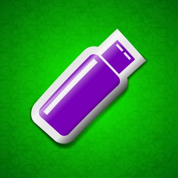 USB flash drive icon sign. Symbol chic colored sticky label on green background. illustration