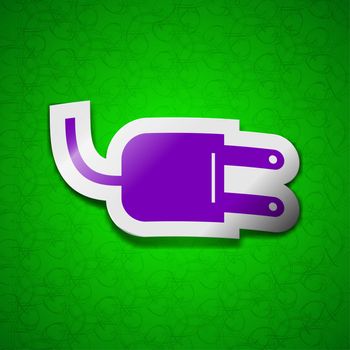 Electric plug icon sign. Symbol chic colored sticky label on green background. illustration