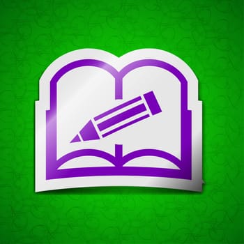 Open book icon sign. Symbol chic colored sticky label on green background. illustration