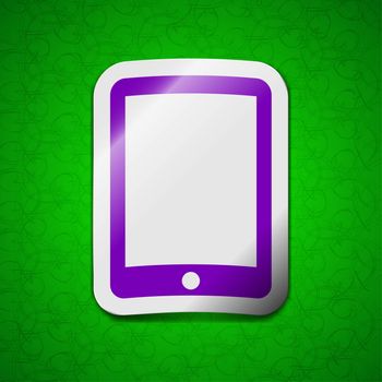 Tablet icon sign. Symbol chic colored sticky label on green background. illustration