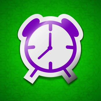 Alarm clock icon sign. Symbol chic colored sticky label on green background. illustration