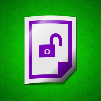 File unlocked icon sign. Symbol chic colored sticky label on green background. illustration