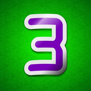 number three icon sign. Symbol chic colored sticky label on green background. illustration