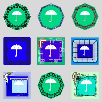 Umbrella sign icon. Rain protection symbol. Set colourful buttons. illustration