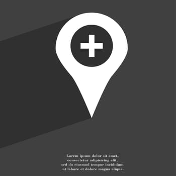 Plus Map pointer, GPS location icon symbol Flat modern web design with long shadow and space for your text. illustration