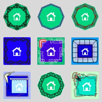 Home sign icon. Main page button. Navigation symbol. Set colourful buttons illustration
