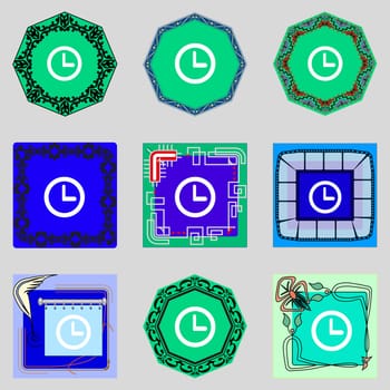 Clock sign icon. Mechanical symbol. Set colourful buttons. illustration