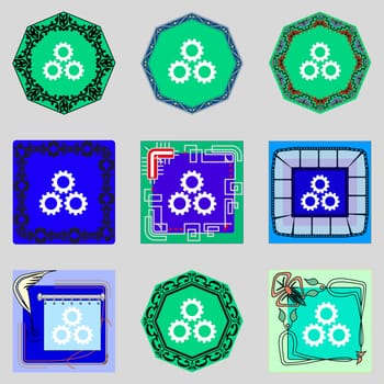 Cog settings sign icon. Cogwheel gear mechanism symbol. Set colourful buttons. illustration