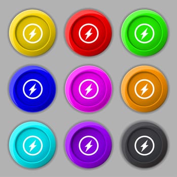 Photo flash sign icon. Lightning symbol. Set of colour buttons. illustration