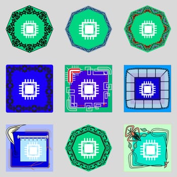 Central Processing Unit Icon. Technology scheme circle symbol. Set colourful buttons. illustration