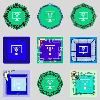 wi fi and monitor sign icon. Video game symbol. Set colourful buttons. illustration