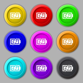 Battery charging sign icon. Lightning symbol. Set of colour buttons. Modern interface website button illustration