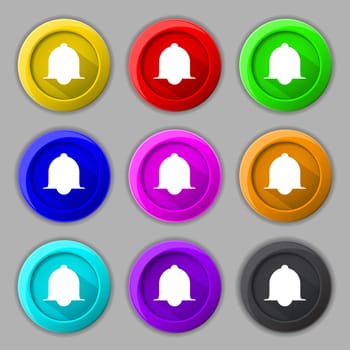 Alarm bell sign icon. Wake up alarm symbol. Speech bubbles information icons. Set of colourful buttons illustration