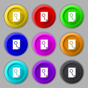 Search in file sign icon. Find in document symbol. Set of colored buttons. illustration