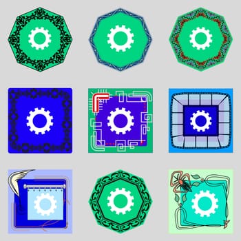 Cog settings sign icon. Cogwheel gear mechanism symbol. Set colourful buttons. illustration