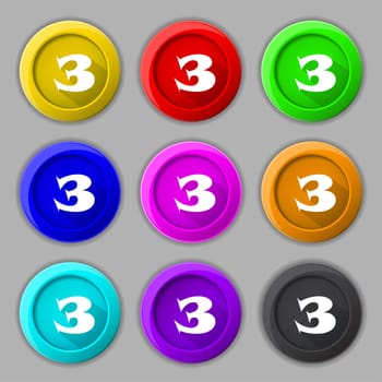 Third place award sign. Winner symbol. Step three. Set of coloured buttons. illustration