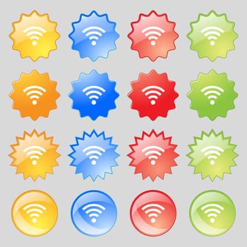 Wifi sign. Wi-fi symbol. Wireless Network icon zone. Big set of 16 colorful modern buttons for your design. illustration