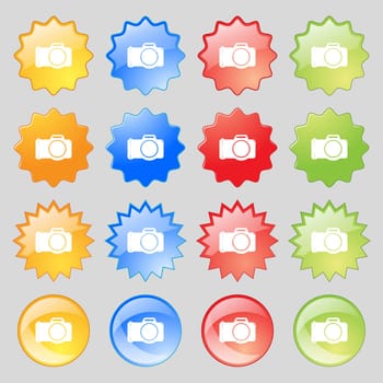 Photo camera sign icon. Digital photo camera symbol. Big set of 16 colorful modern buttons for your design. illustration