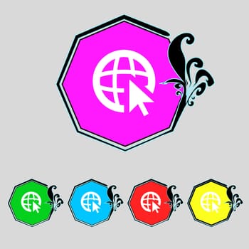 Internet sign icon. World wide web symbol. Cursor pointer. Set colourful buttons illustration